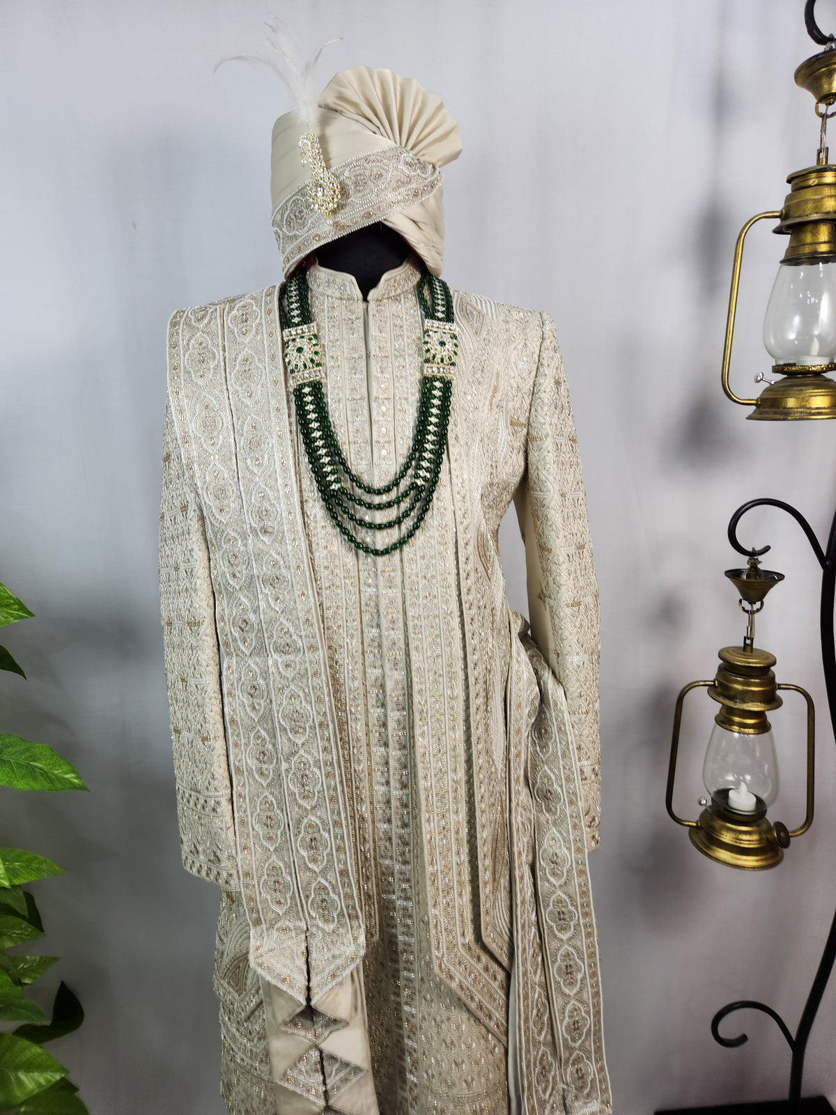 Champagne Golden Wedding Groom Sherwani - Beads Studded Triple Layered Design | Sherwani For Men