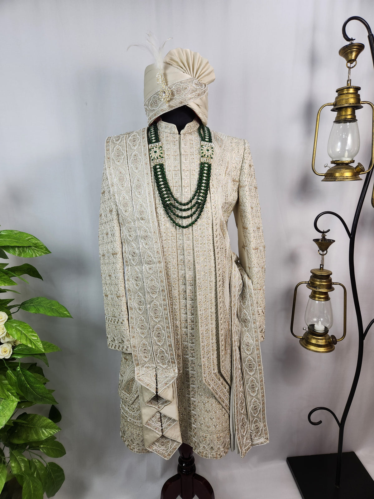 Champagne Golden Wedding Groom Sherwani - Beads Studded Triple Layered Design | Sherwani For Men