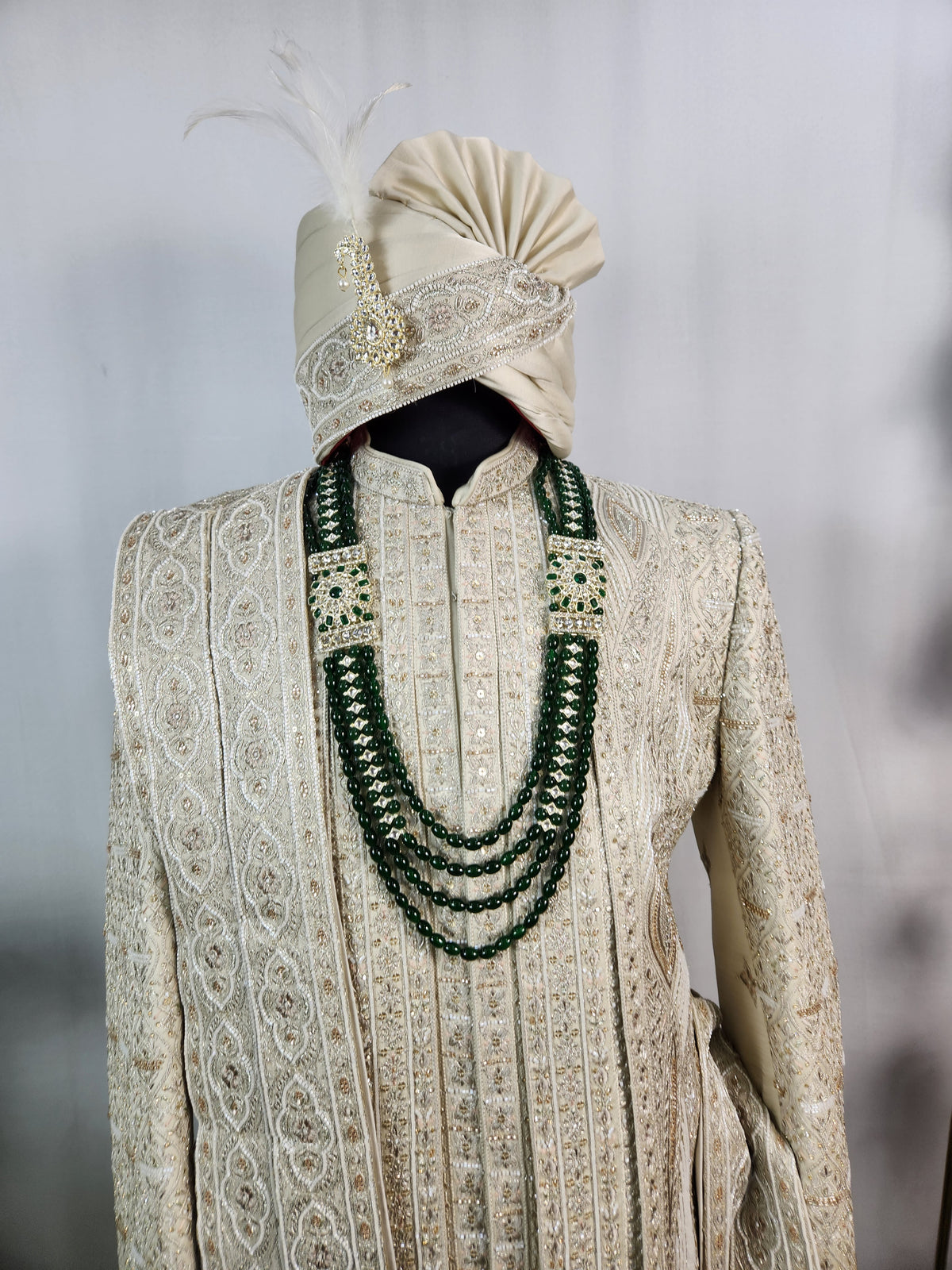 Champagne Golden Wedding Groom Sherwani - Beads Studded Triple Layered Design | Sherwani For Men