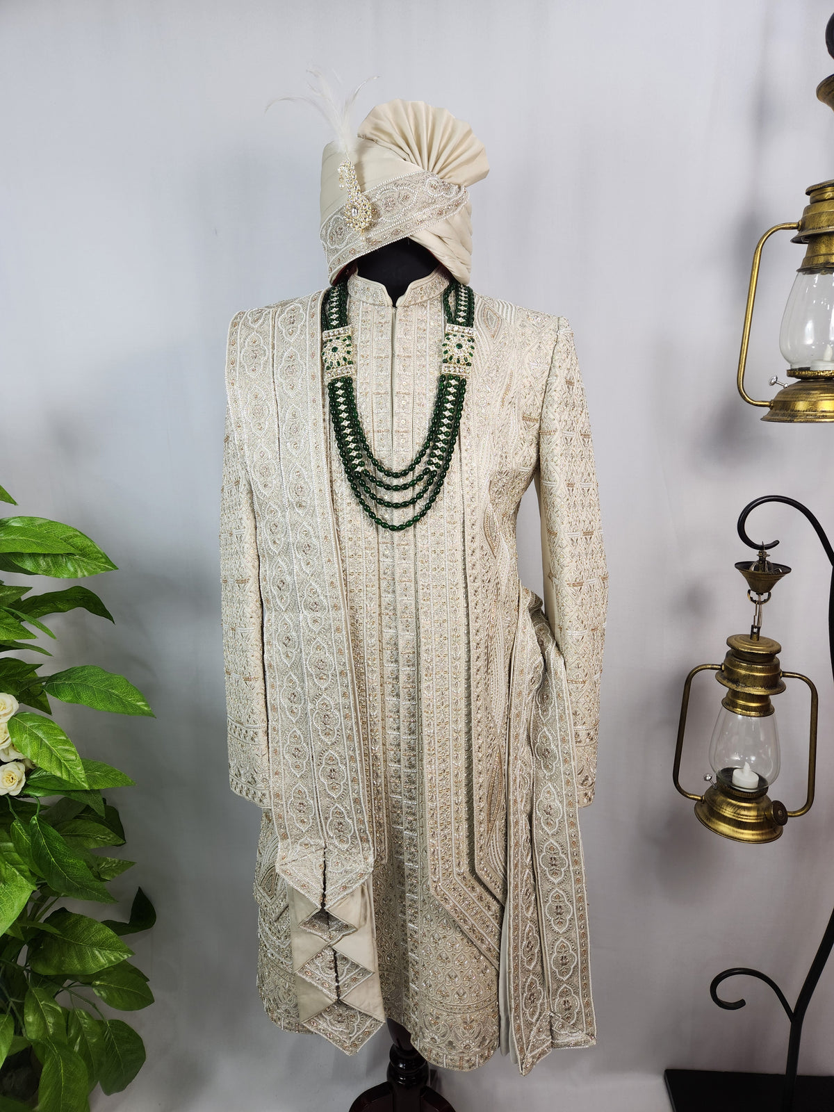 Champagne Golden Wedding Groom Sherwani - Beads Studded Triple Layered Design | Sherwani For Men