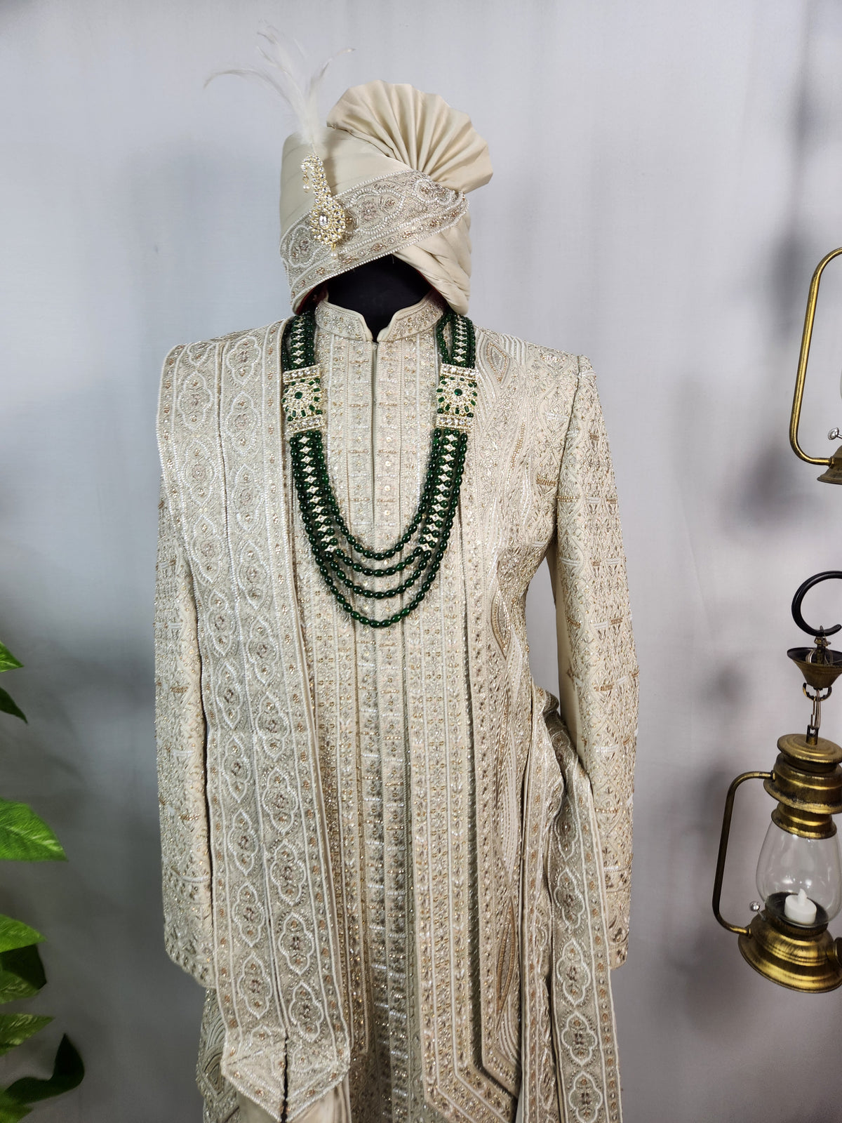 Champagne Golden Wedding Groom Sherwani - Beads Studded Triple Layered Design | Sherwani For Men