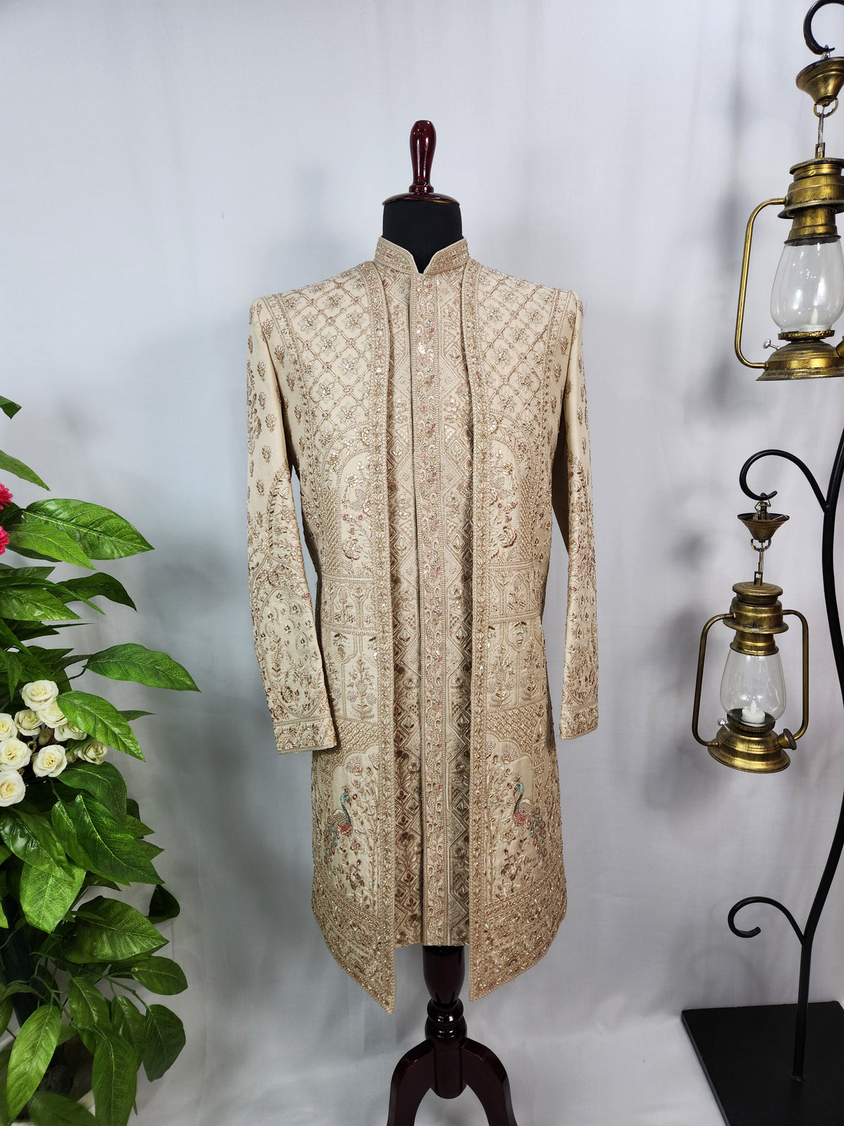 Light Golden Groom Sherwani - Peacock & Elephant Design | Sherwani For Men