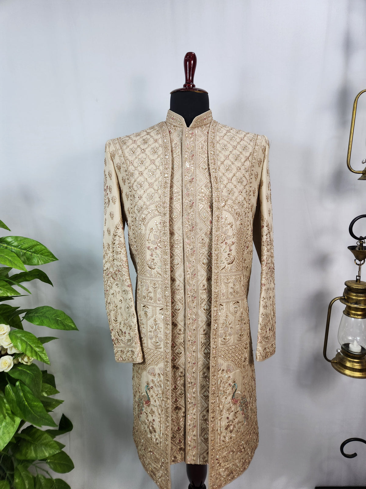 Light Golden Groom Sherwani - Peacock & Elephant Design | Sherwani For Men