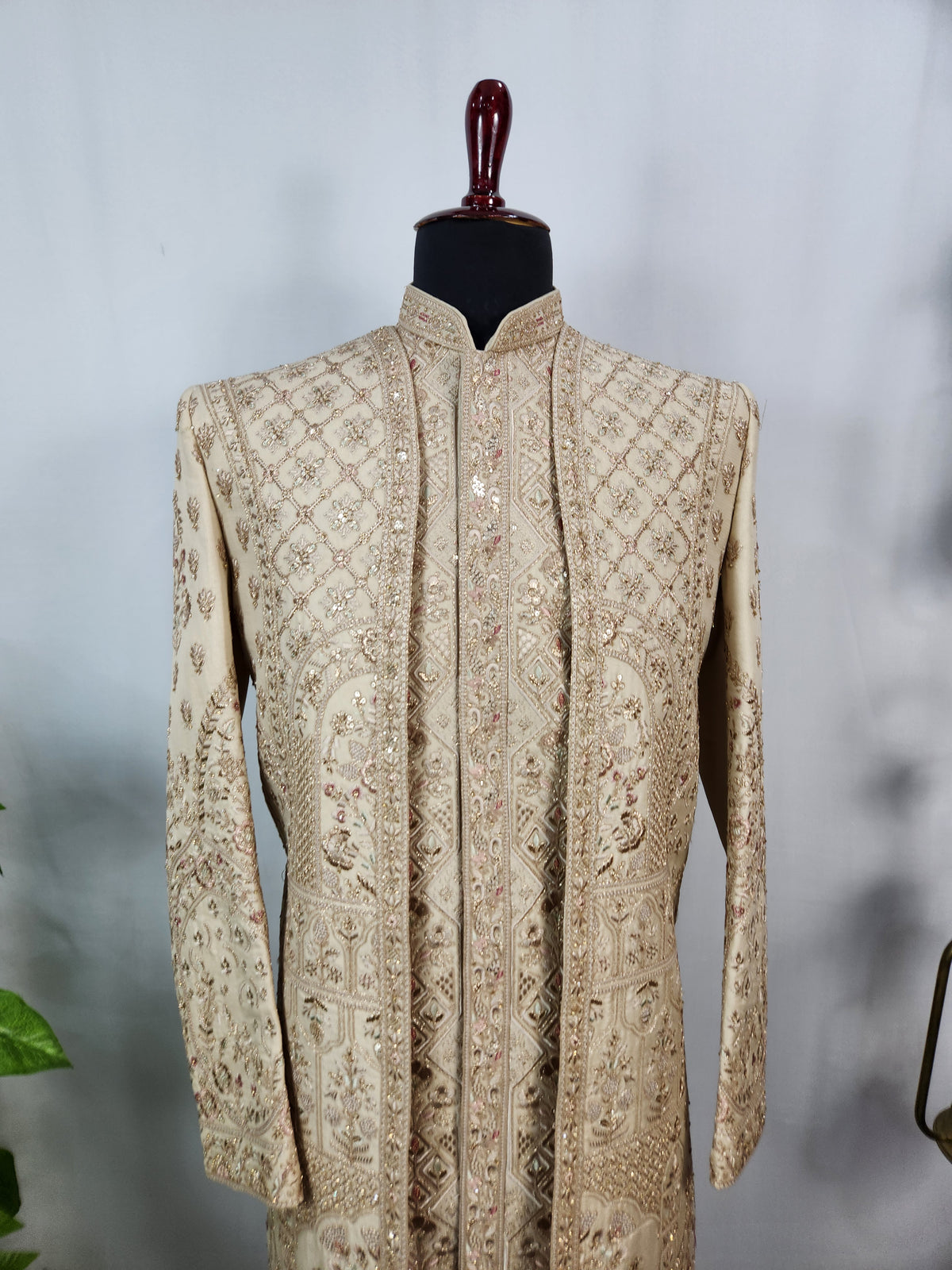 Light Golden Groom Sherwani - Peacock & Elephant Design | Sherwani For Men