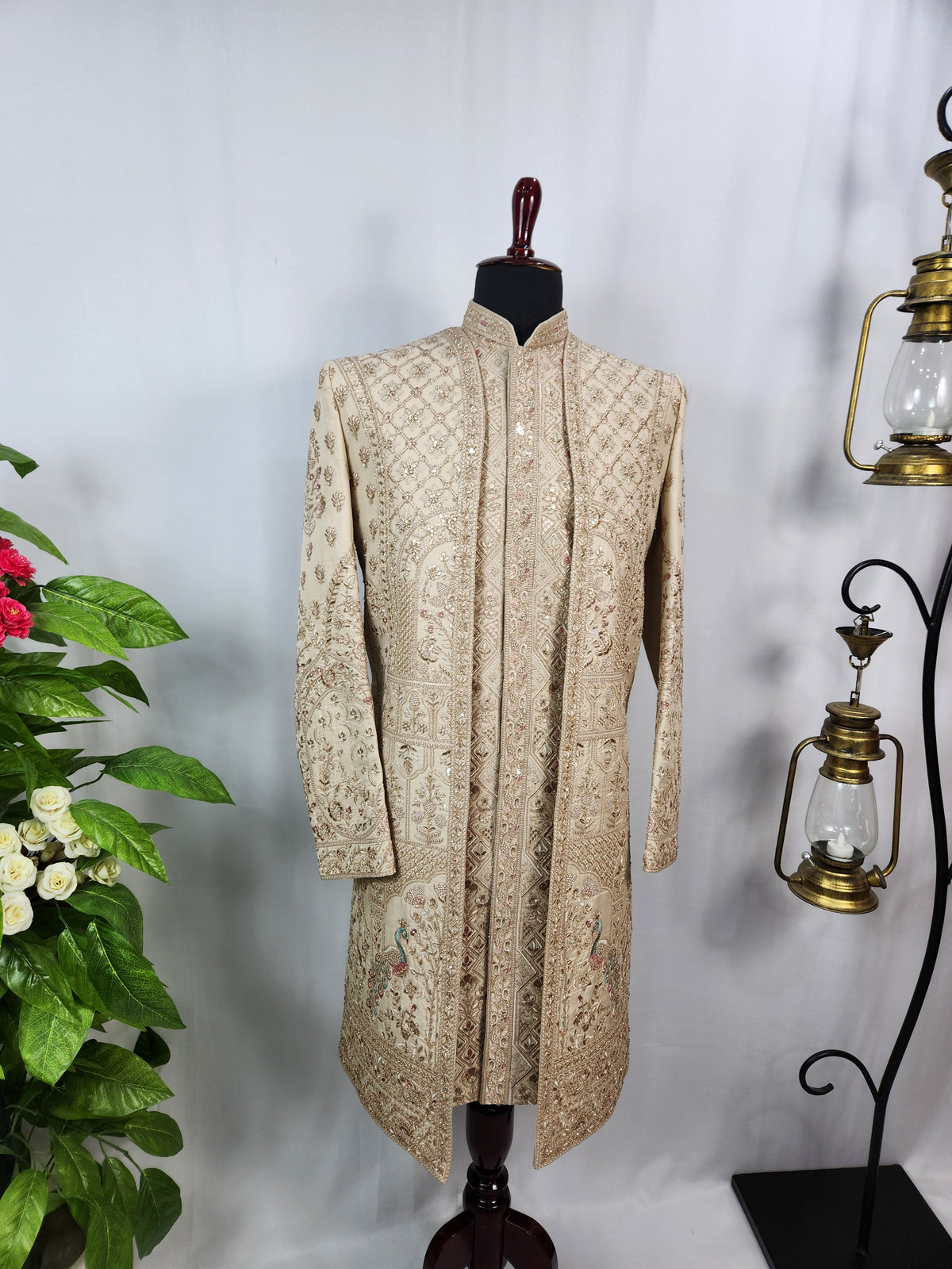 Light Golden Groom Sherwani - Peacock & Elephant Design | Sherwani For Men