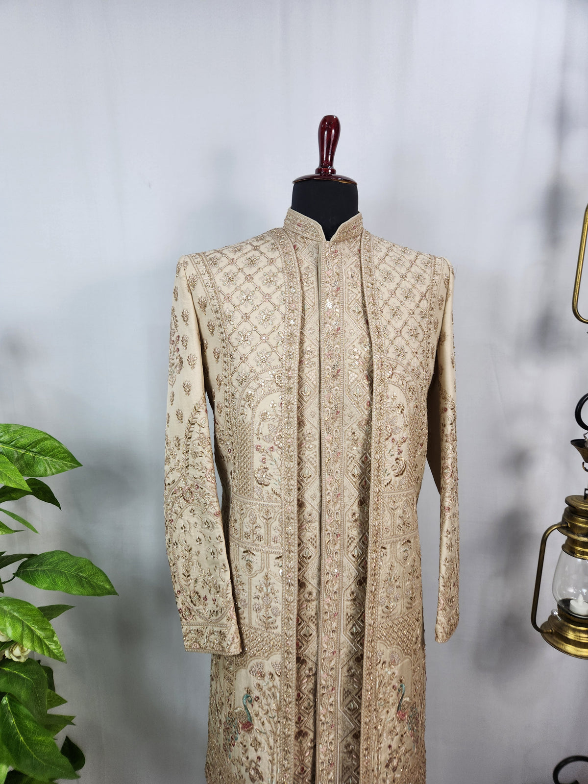 Light Golden Groom Sherwani - Peacock & Elephant Design | Sherwani For Men