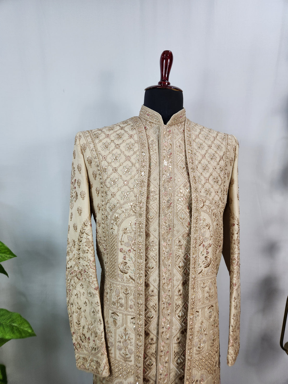 Light Golden Groom Sherwani - Peacock & Elephant Design | Sherwani For Men