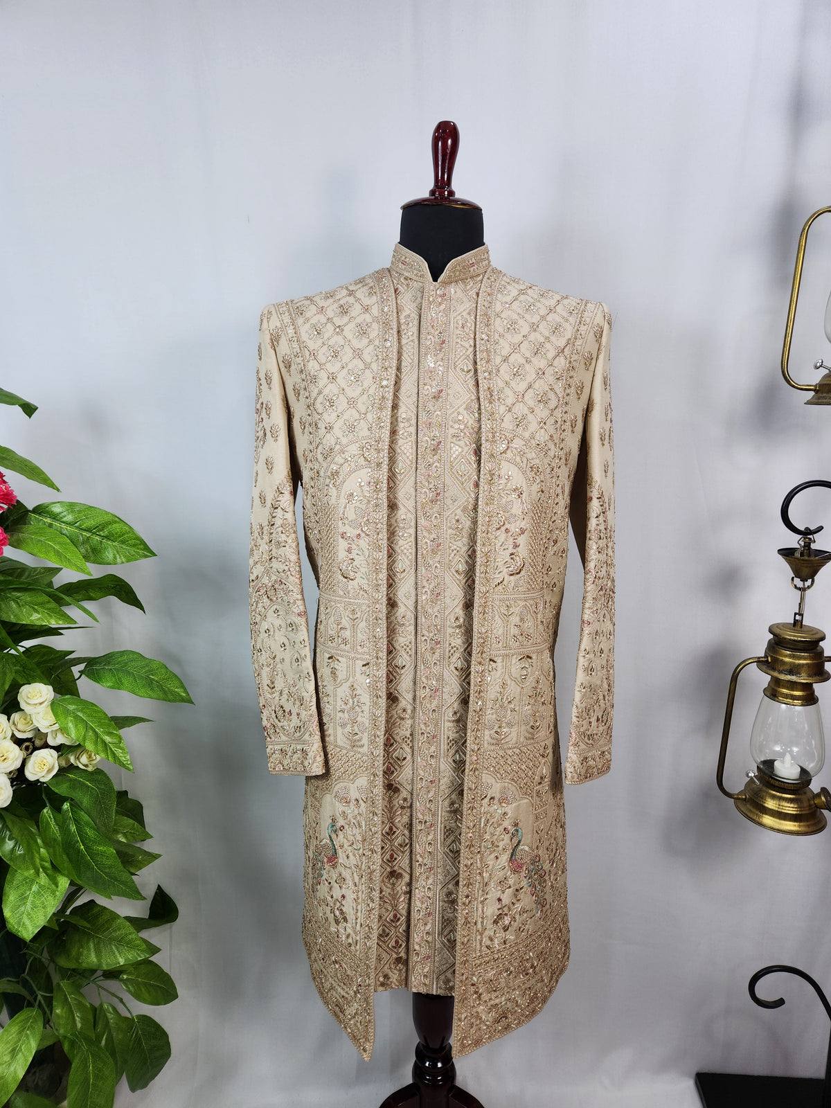 Light Golden Groom Sherwani - Peacock & Elephant Design | Sherwani For Men