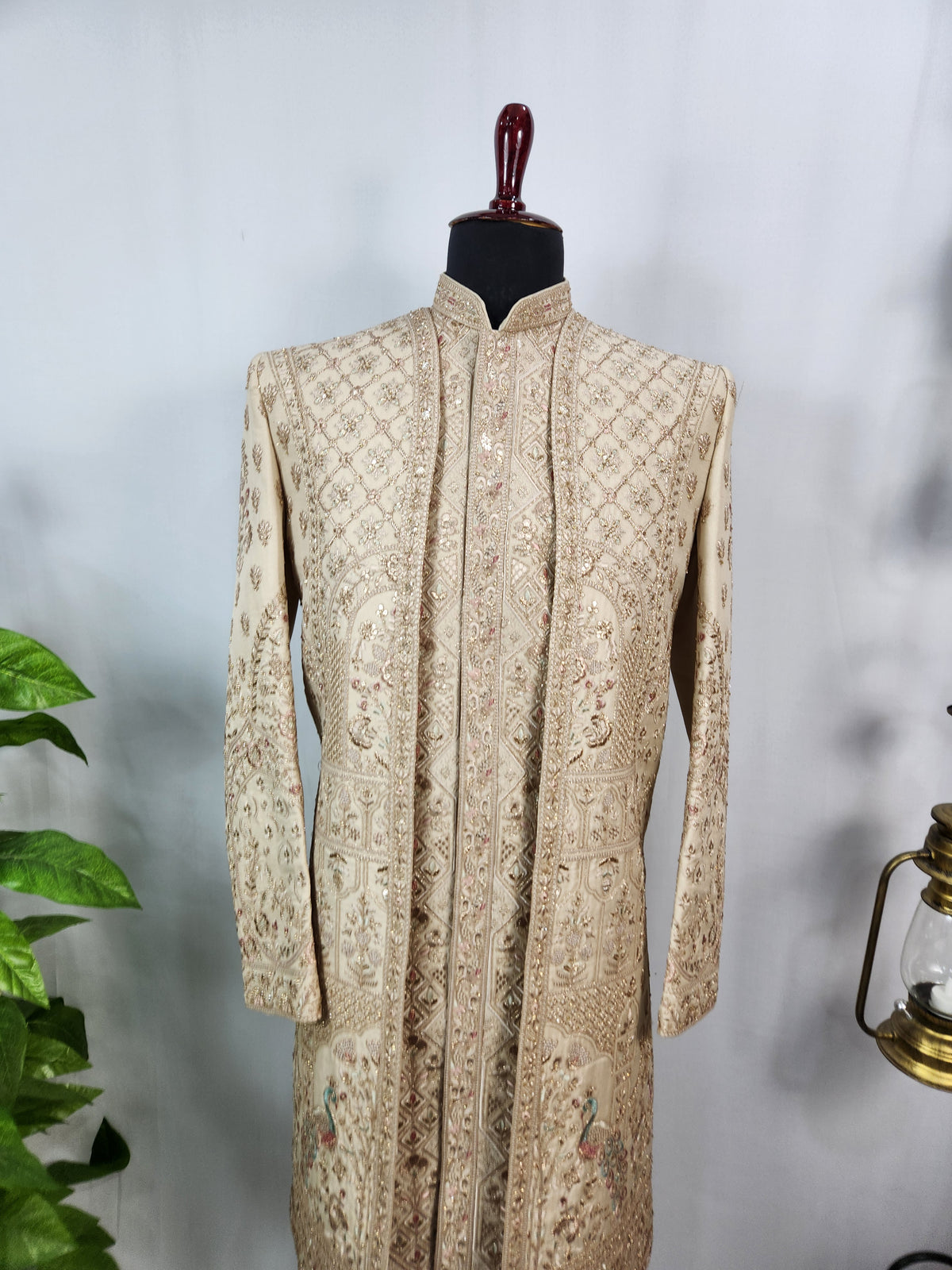 Light Golden Groom Sherwani - Peacock & Elephant Design | Sherwani For Men