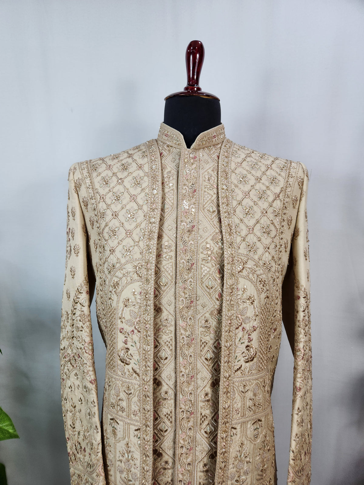 Light Golden Groom Sherwani - Peacock & Elephant Design | Sherwani For Men