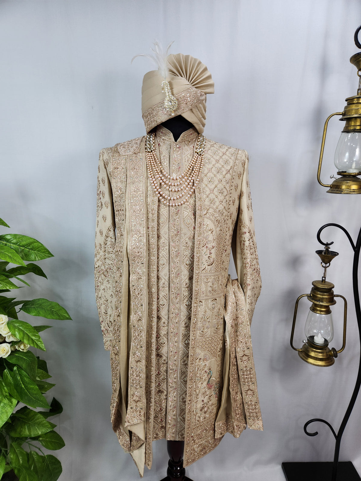 Light Golden Groom Sherwani - Peacock & Elephant Design | Sherwani For Men