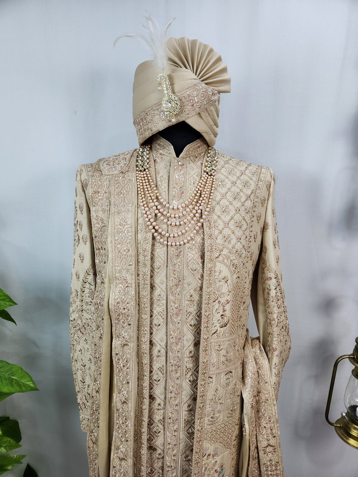Light Golden Groom Sherwani - Peacock & Elephant Design | Sherwani For Men