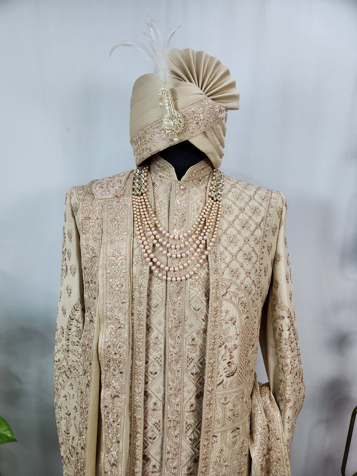 Light Golden Groom Sherwani - Peacock & Elephant Design | Sherwani For Men