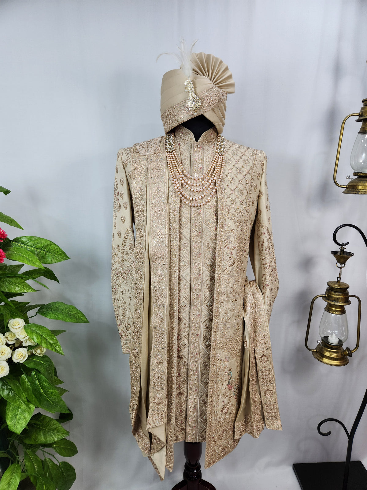 Light Golden Groom Sherwani - Peacock & Elephant Design | Sherwani For Men