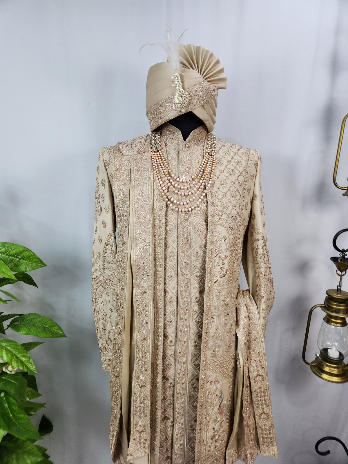 Light Golden Groom Sherwani - Peacock & Elephant Design | Sherwani For Men