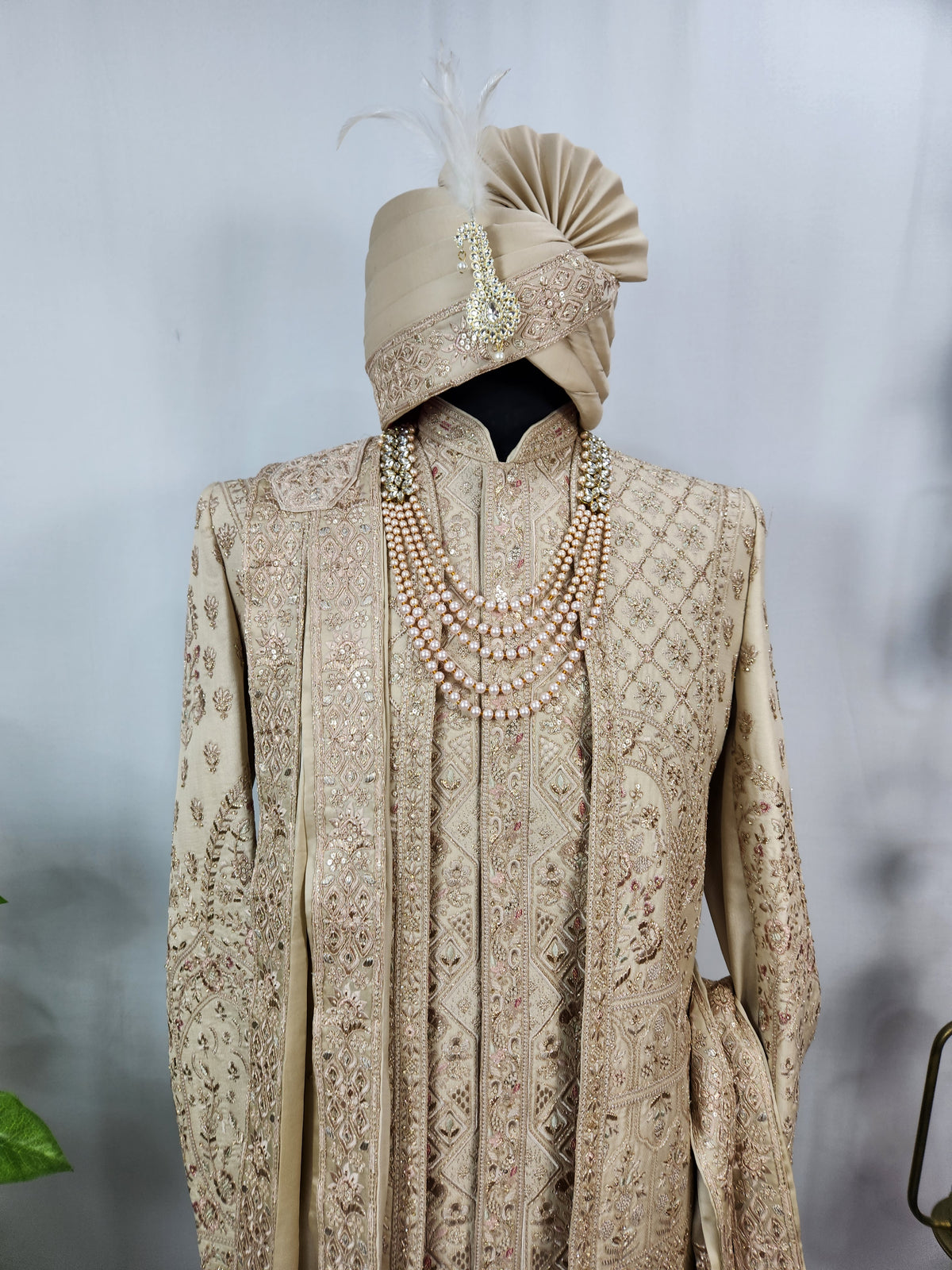 Light Golden Groom Sherwani - Peacock & Elephant Design | Sherwani For Men