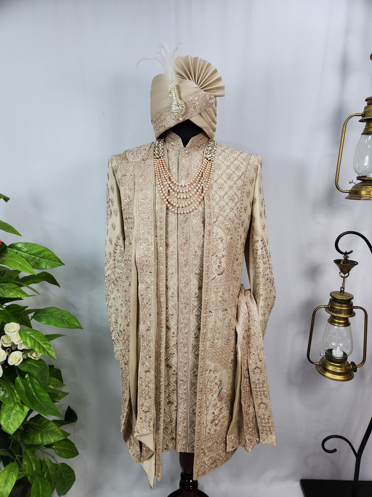 Light Golden Groom Sherwani - Peacock & Elephant Design | Sherwani For Men