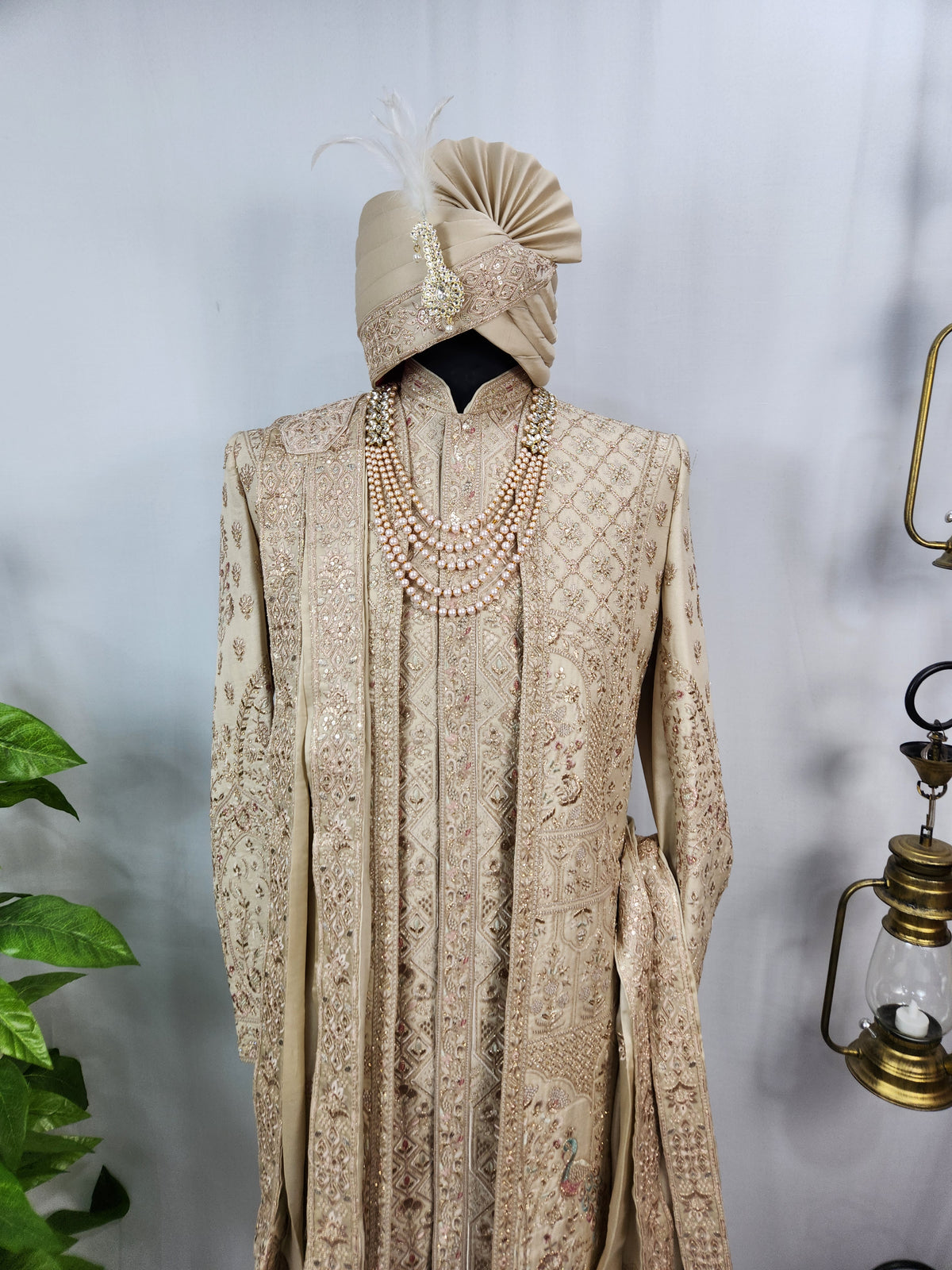 Light Golden Groom Sherwani - Peacock & Elephant Design | Sherwani For Men