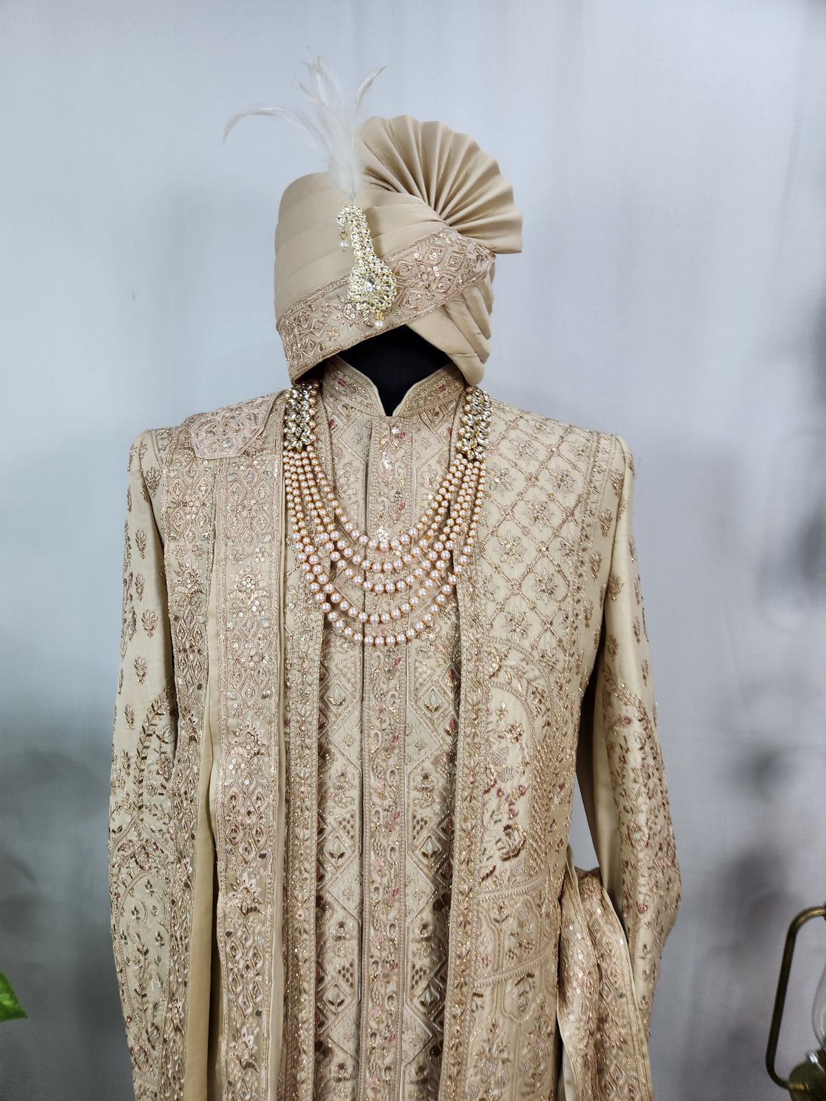 Light Golden Groom Sherwani - Peacock & Elephant Design | Sherwani For Men
