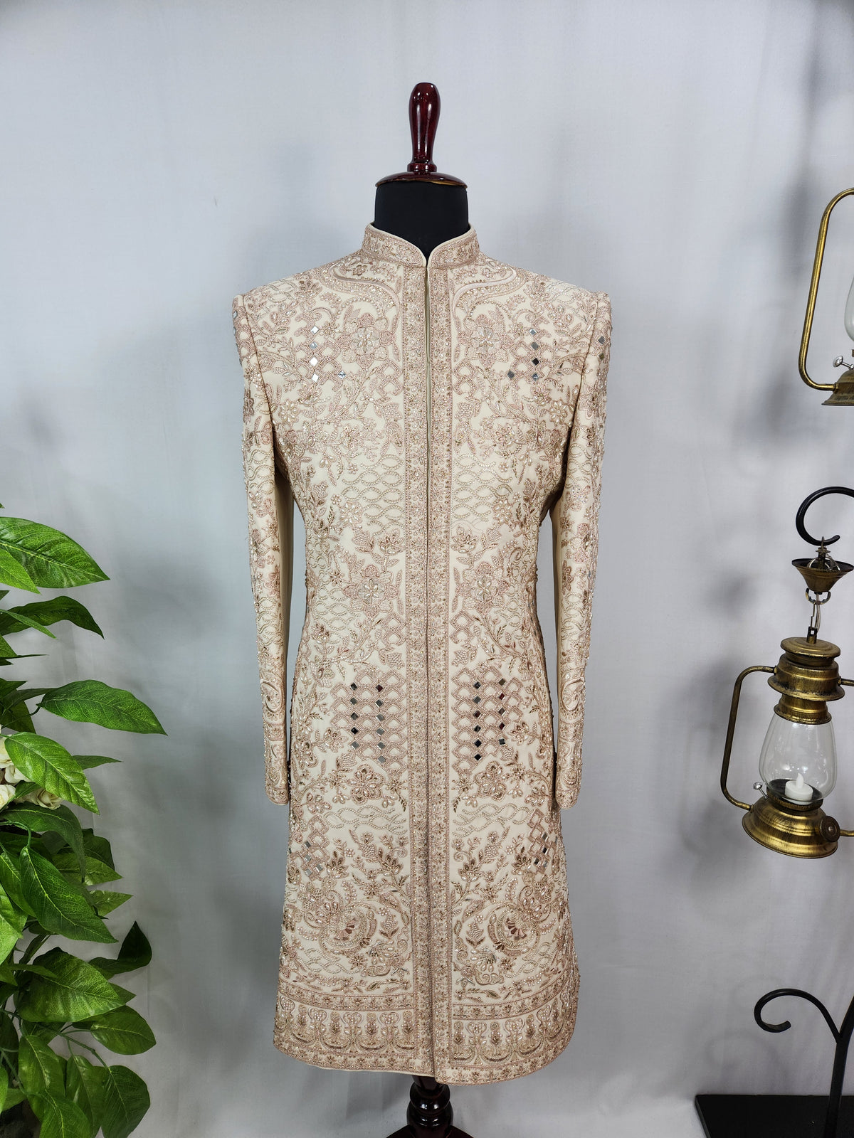 Light Golden Groom Sherwani - Mirror Work Design | Sherwani For Men