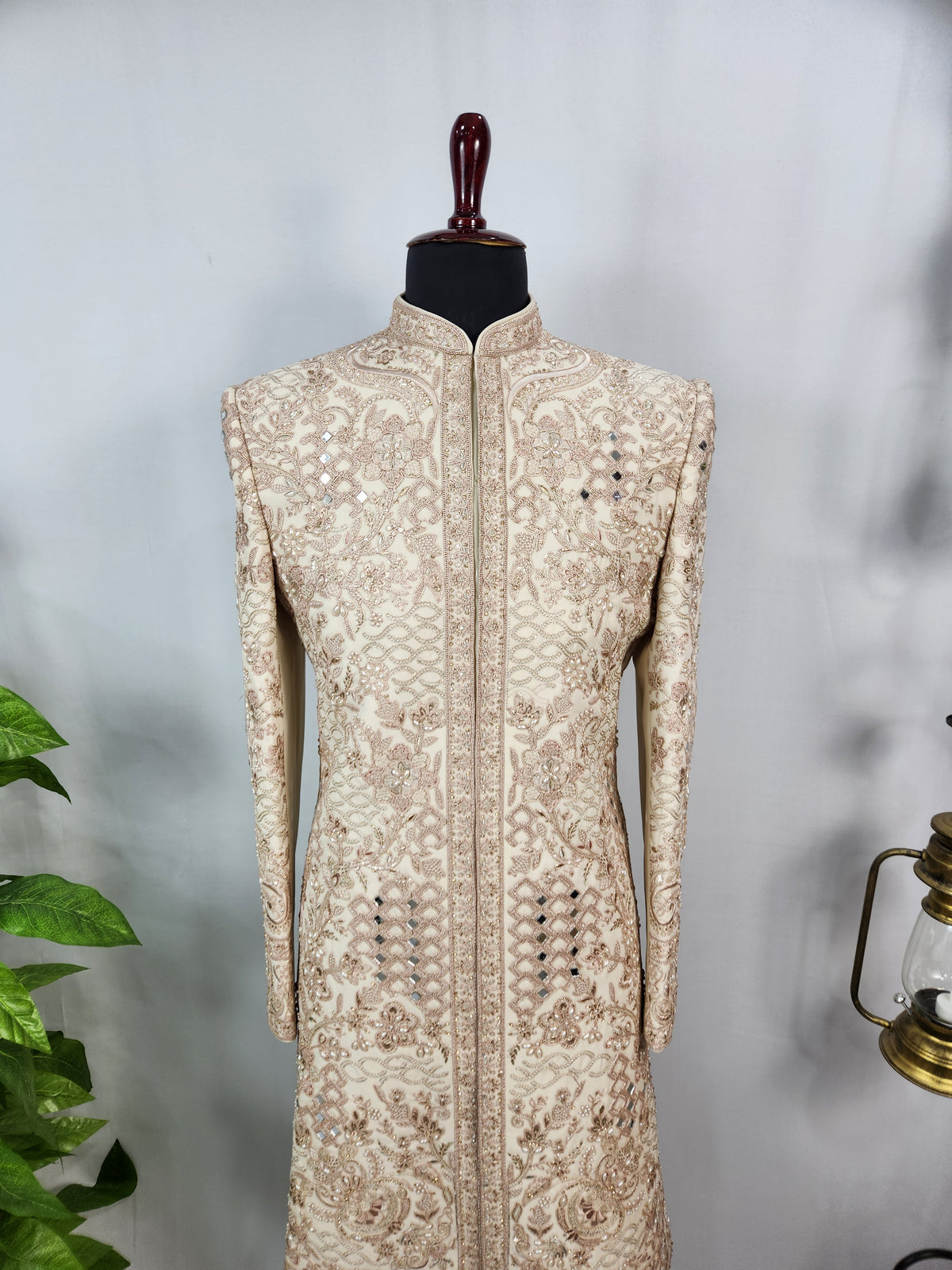 Light Golden Groom Sherwani - Mirror Work Design | Sherwani For Men