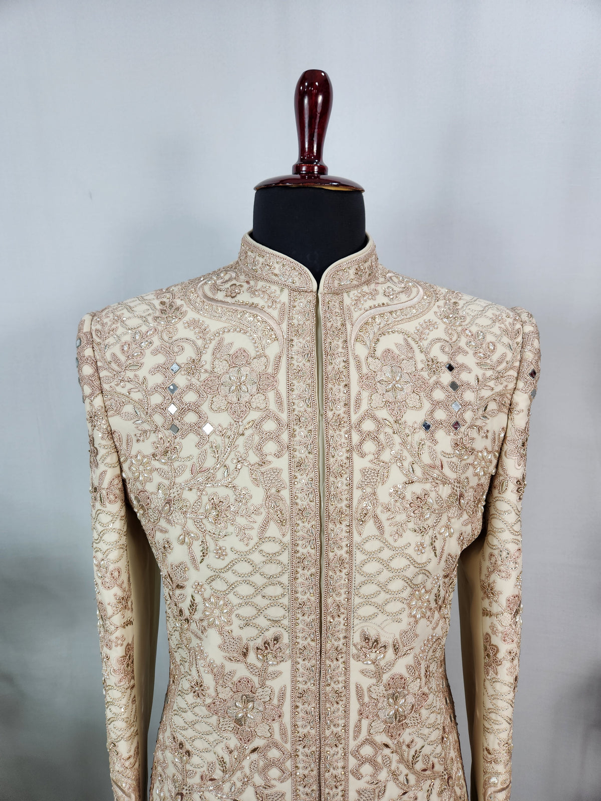 Light Golden Groom Sherwani - Mirror Work Design | Sherwani For Men