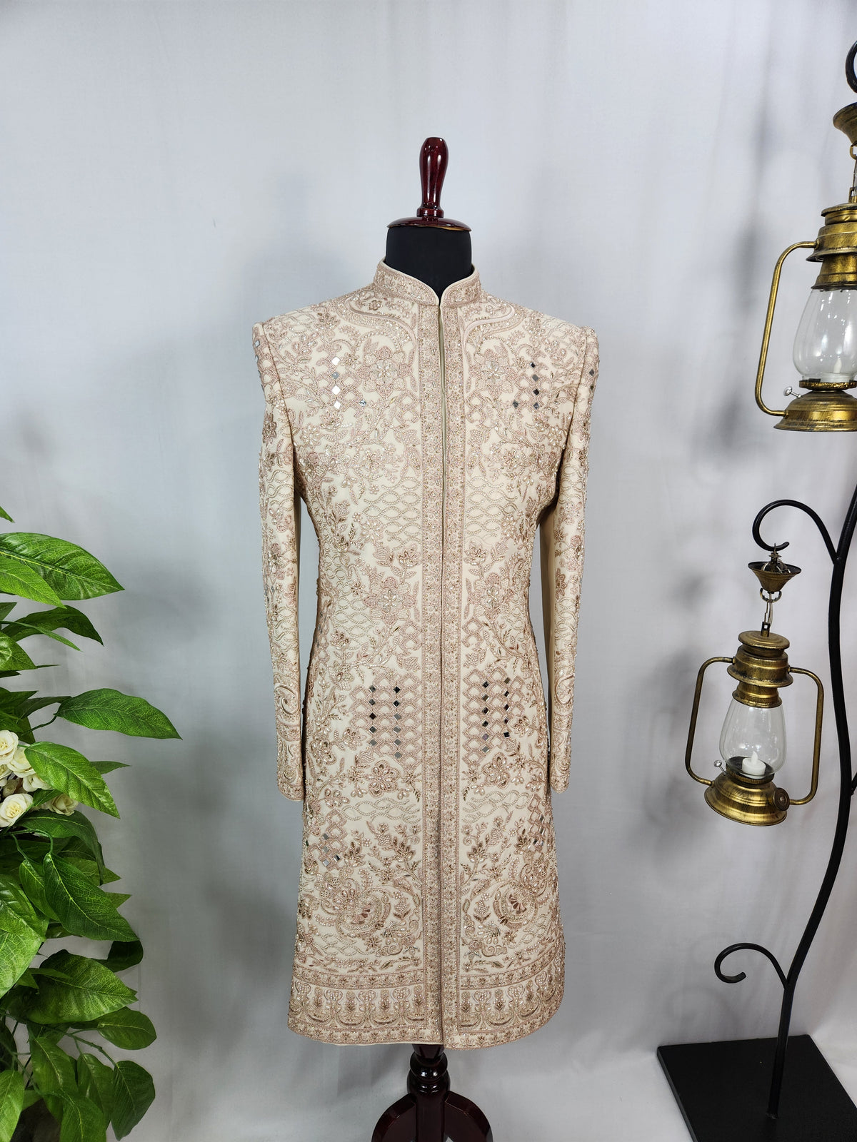 Light Golden Groom Sherwani - Mirror Work Design | Sherwani For Men