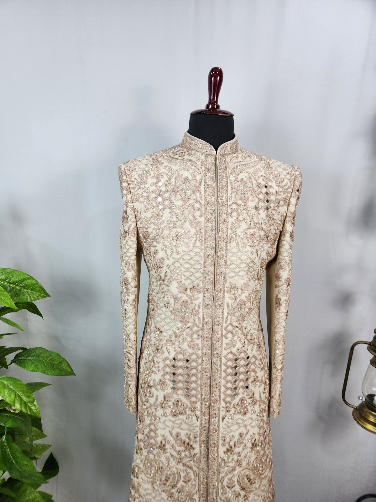 Light Golden Groom Sherwani - Mirror Work Design | Sherwani For Men