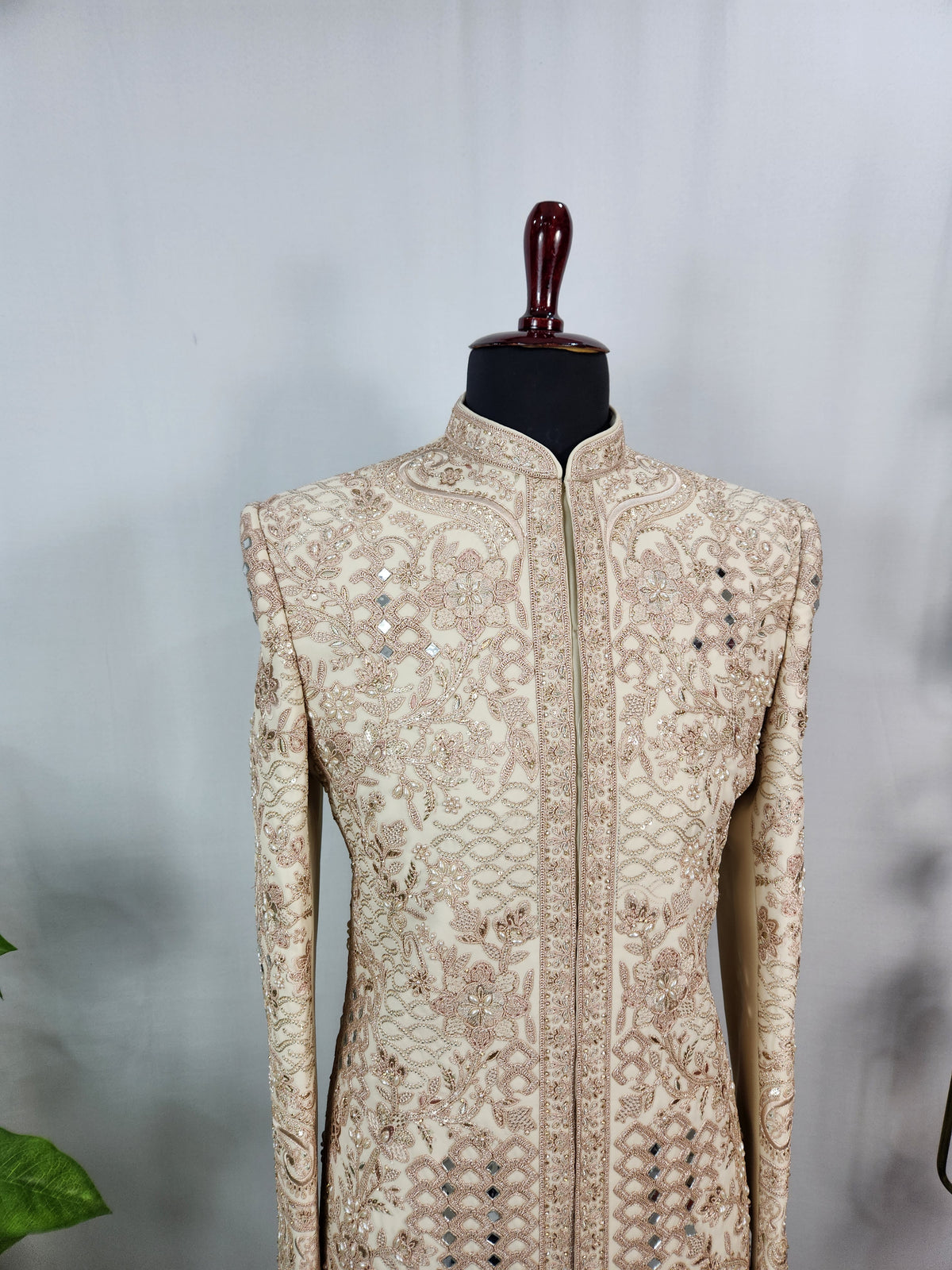 Light Golden Groom Sherwani - Mirror Work Design | Sherwani For Men