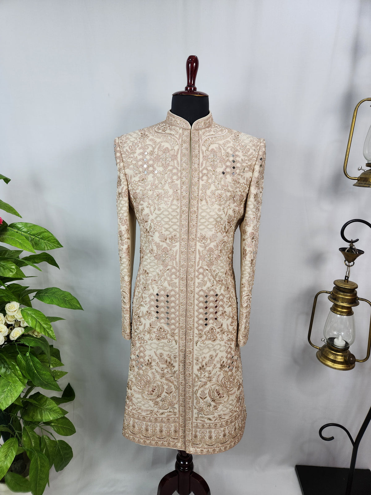 Light Golden Groom Sherwani - Mirror Work Design | Sherwani For Men