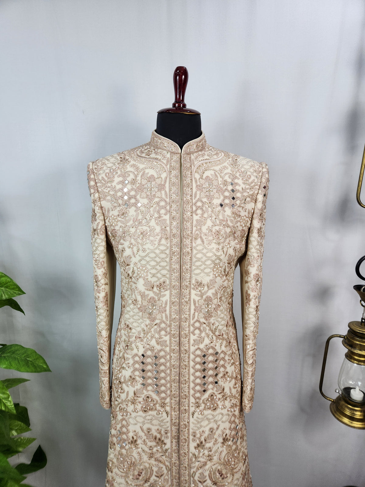 Light Golden Groom Sherwani - Mirror Work Design | Sherwani For Men