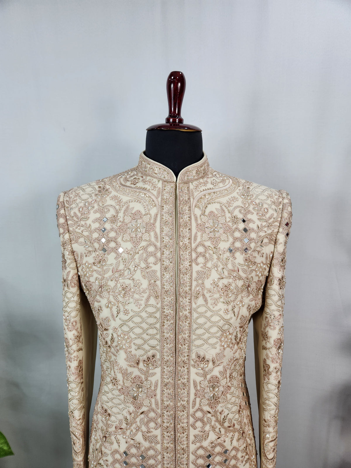 Light Golden Groom Sherwani - Mirror Work Design | Sherwani For Men