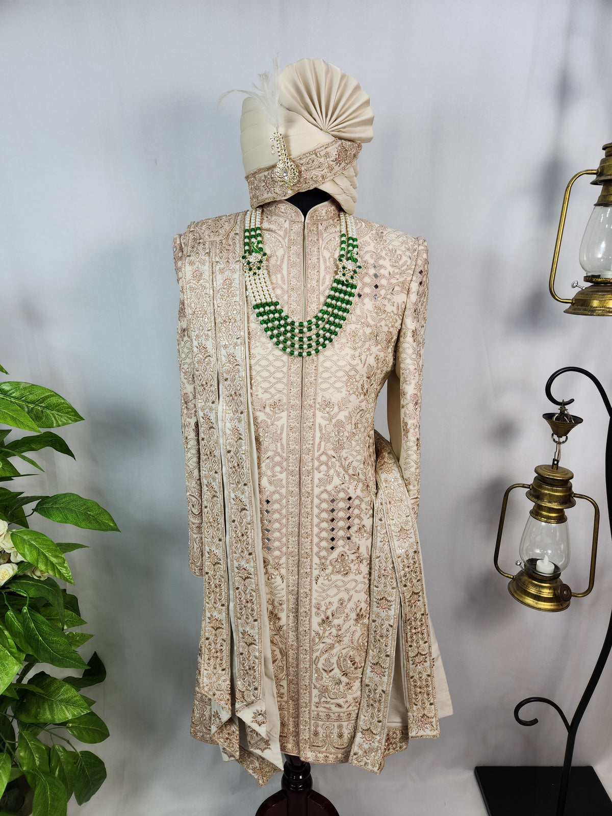 Light Golden Groom Sherwani - Mirror Work Design | Sherwani For Men