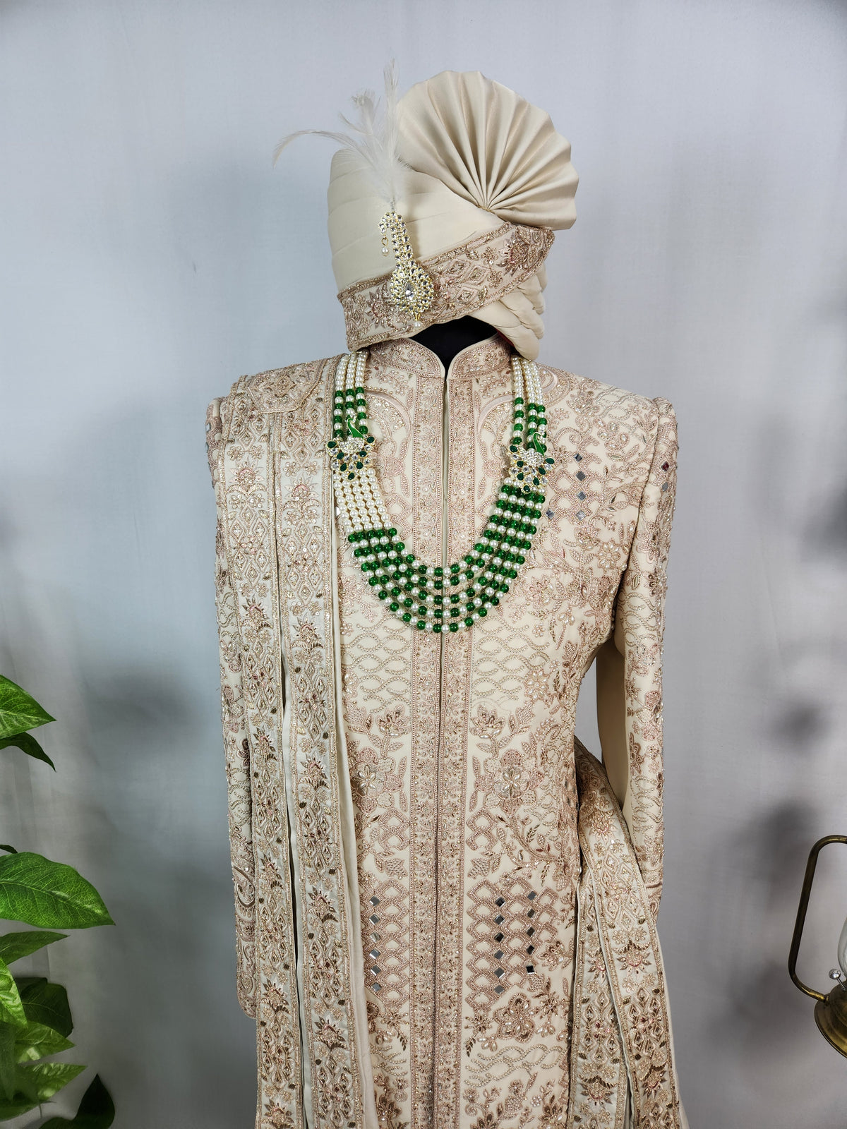 Light Golden Groom Sherwani - Mirror Work Design | Sherwani For Men