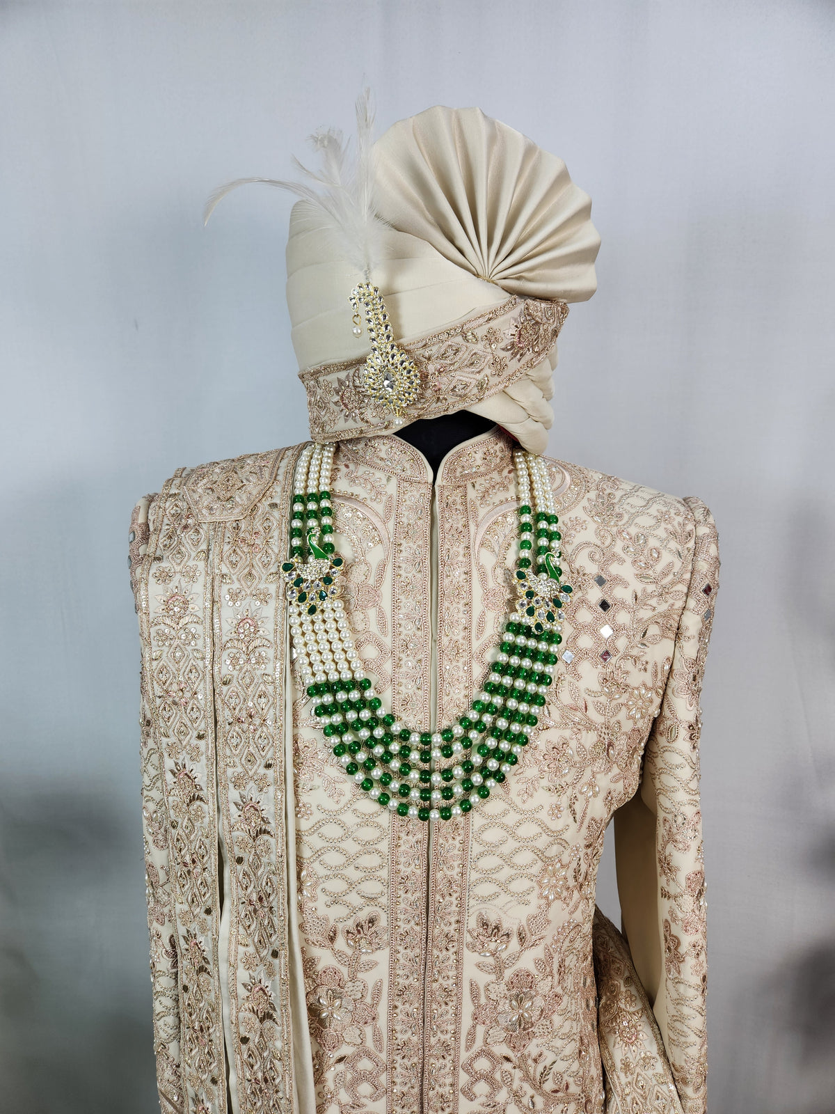 Light Golden Groom Sherwani - Mirror Work Design | Sherwani For Men