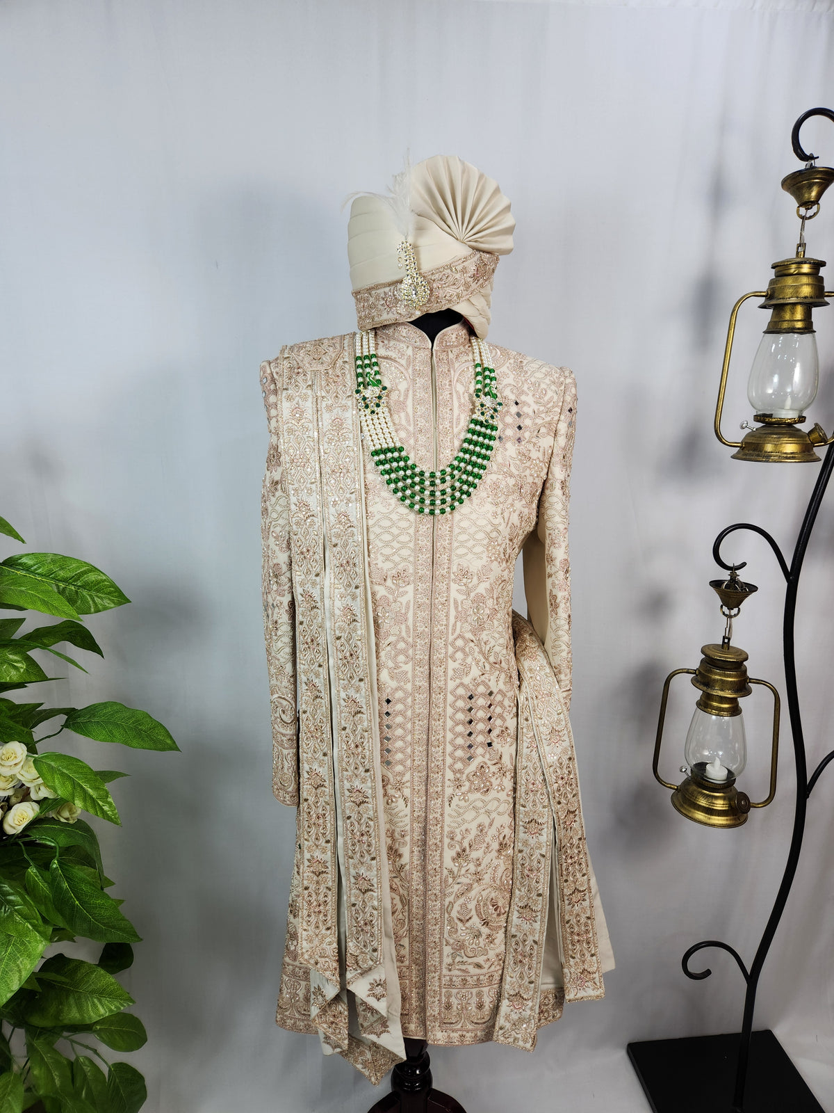 Light Golden Groom Sherwani - Mirror Work Design | Sherwani For Men