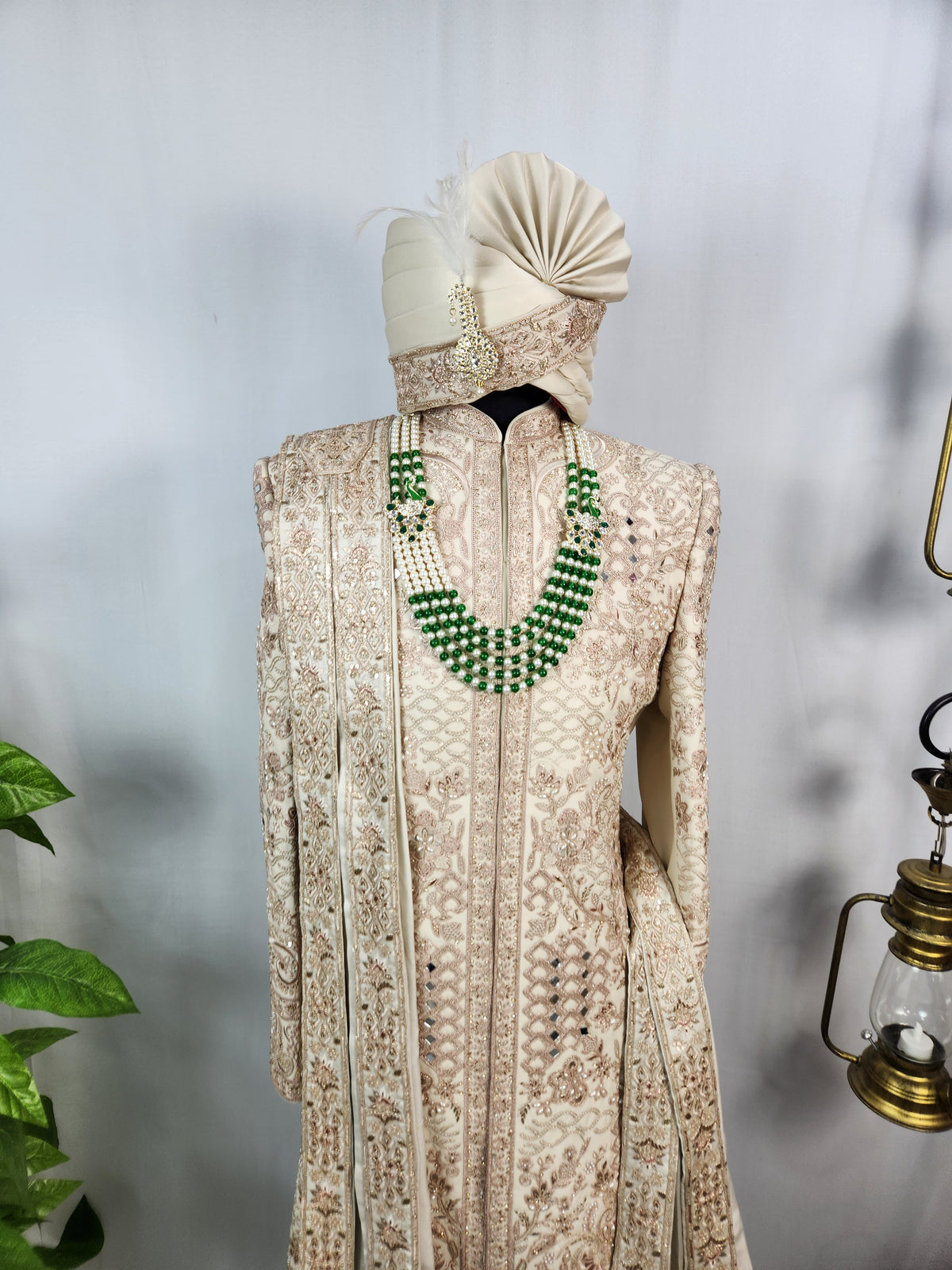 Light Golden Groom Sherwani - Mirror Work Design | Sherwani For Men