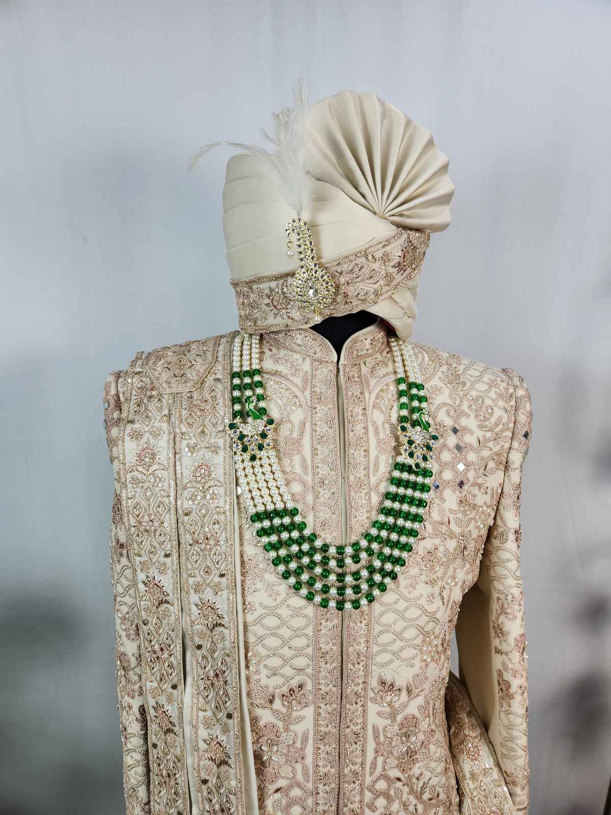 Light Golden Groom Sherwani - Mirror Work Design | Sherwani For Men
