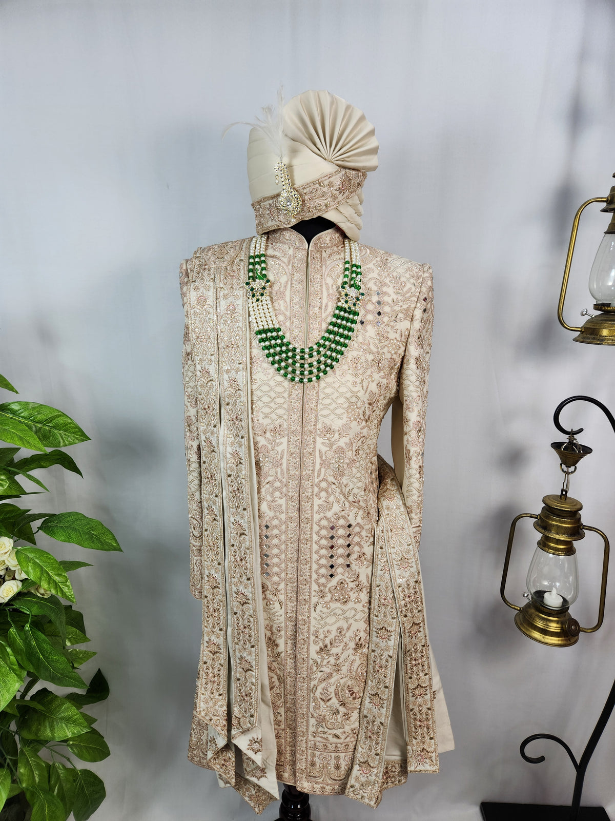 Light Golden Groom Sherwani - Mirror Work Design | Sherwani For Men