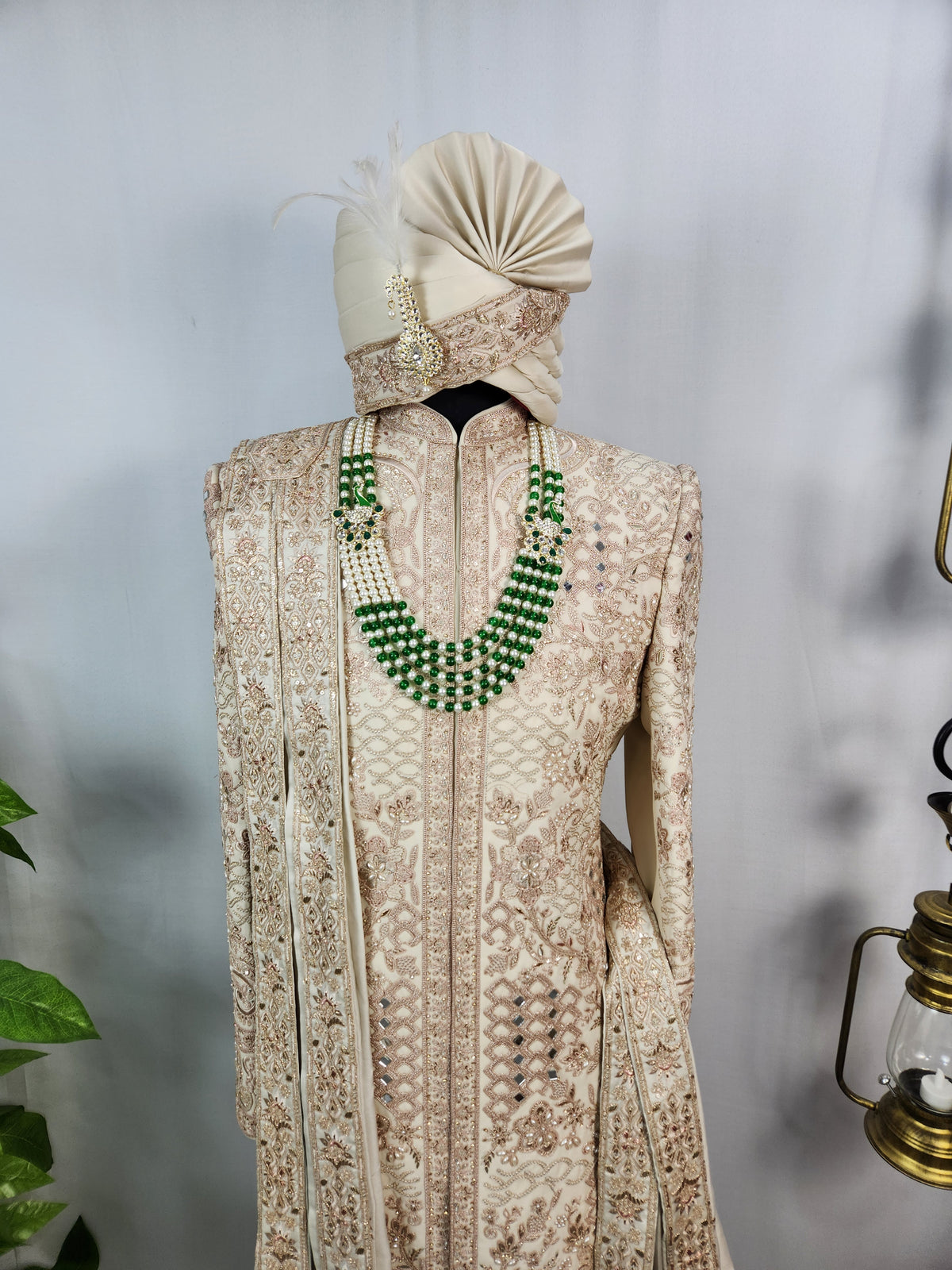 Light Golden Groom Sherwani - Mirror Work Design | Sherwani For Men