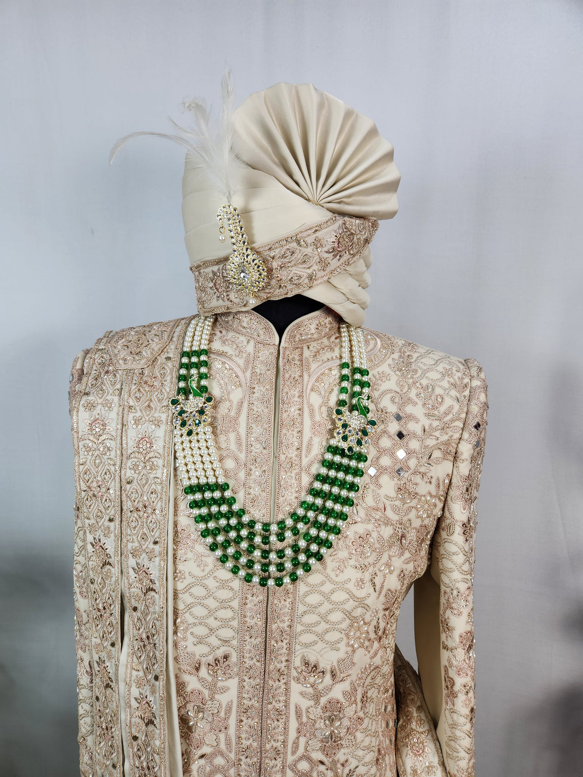 Light Golden Groom Sherwani - Mirror Work Design | Sherwani For Men