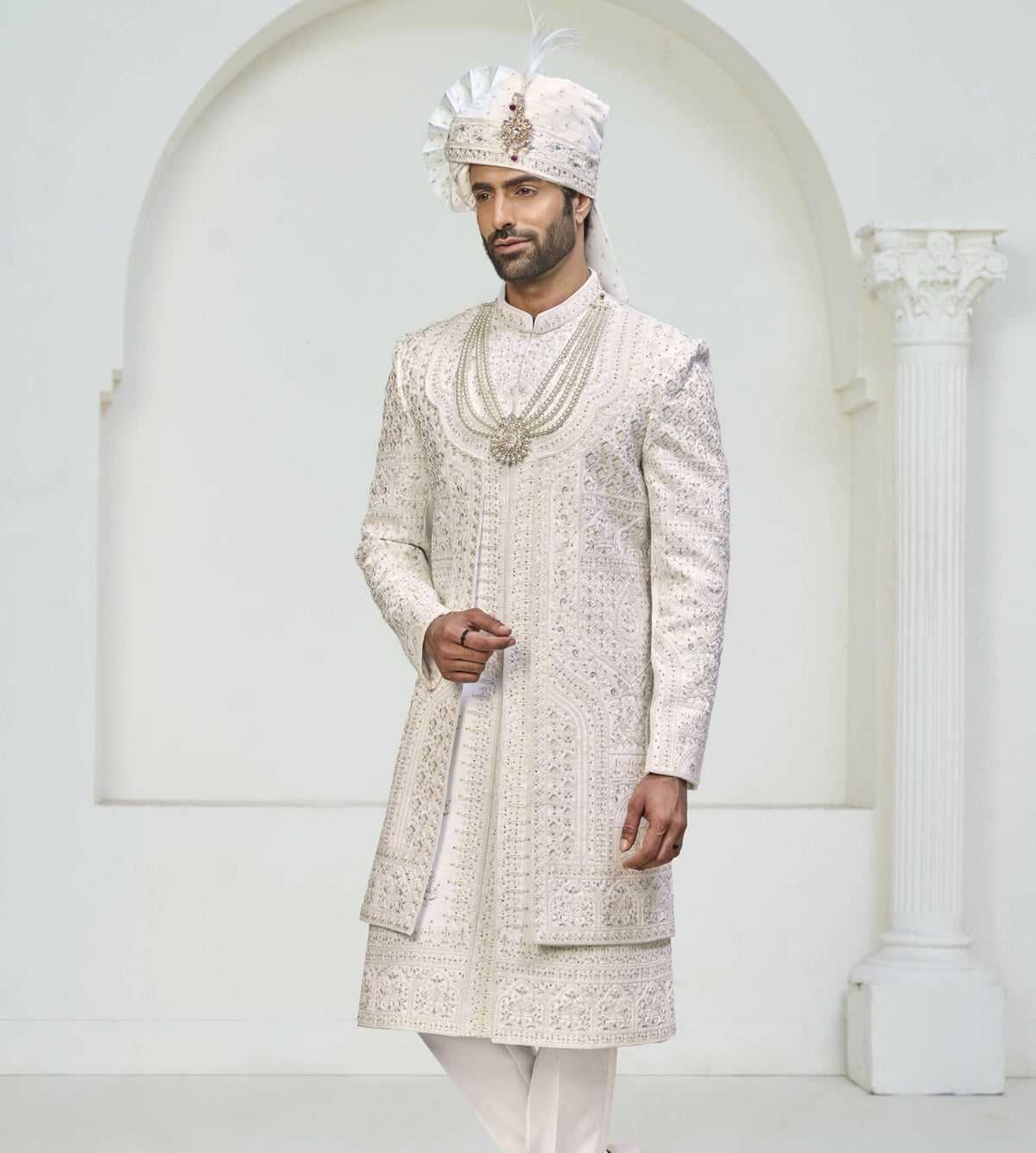 White Wedding Groom Sherwani - 2 Layer Design | Sherwani For Men