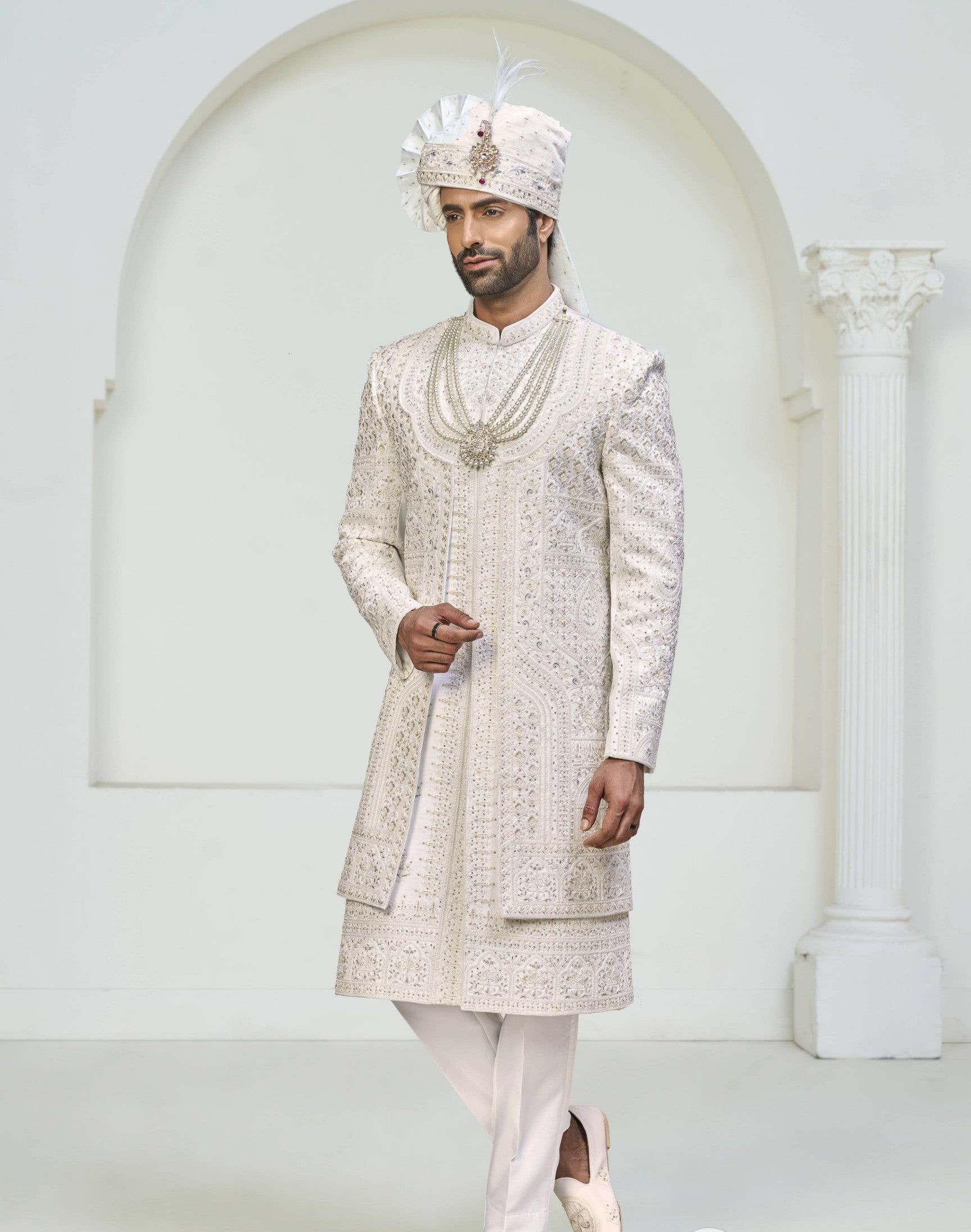 White Wedding Groom Sherwani - 2 Layer Design | Sherwani For Men