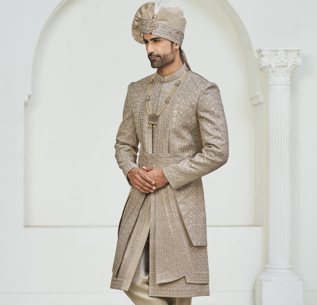 Copper Golden Groom Sherwani - 3 Layer Design | Sherwani For Men