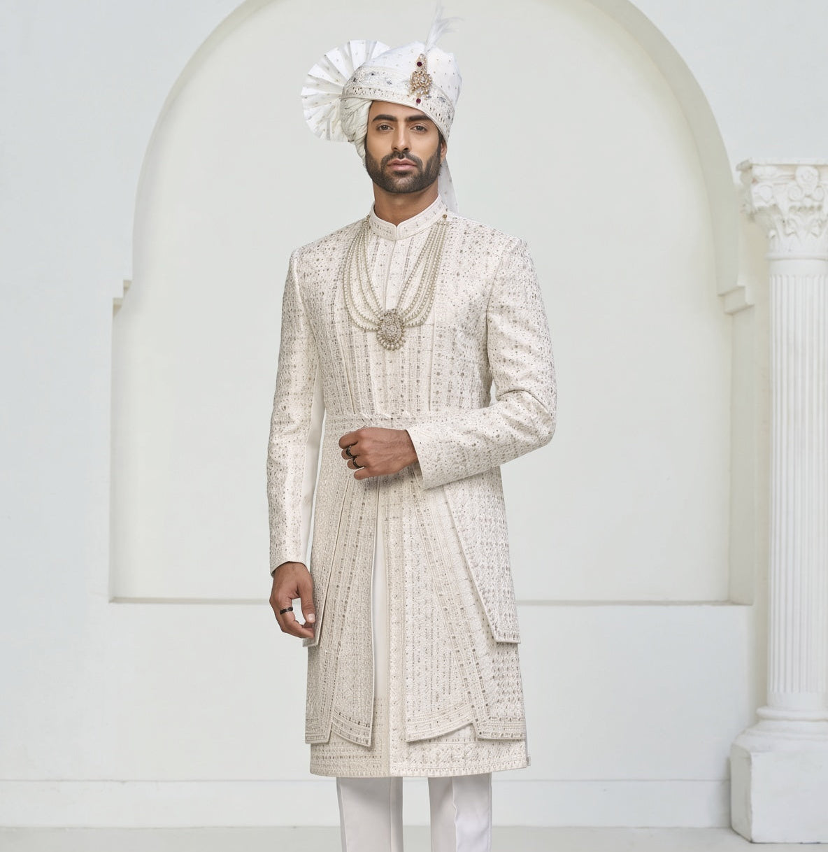 White Wedding Groom Sherwani - 3 Layer Design | Sherwani For Men