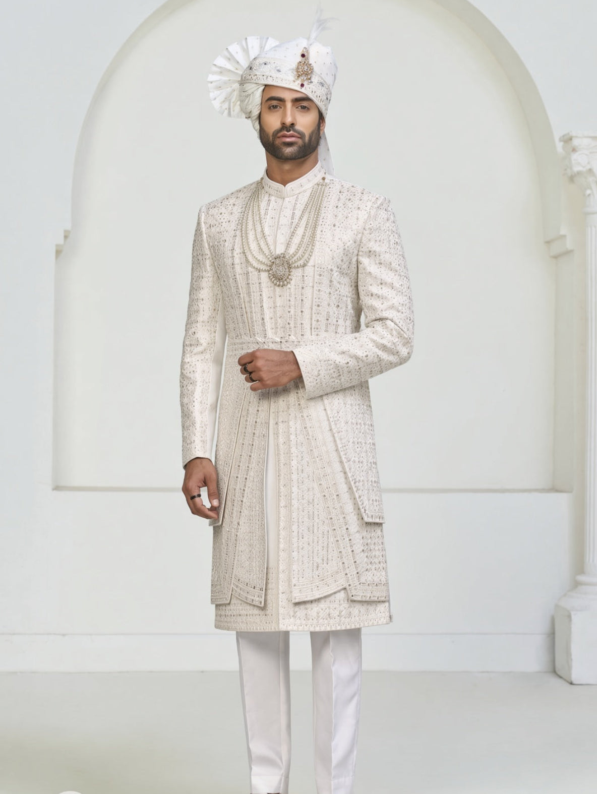 White Wedding Groom Sherwani - 3 Layer Design | Sherwani For Men