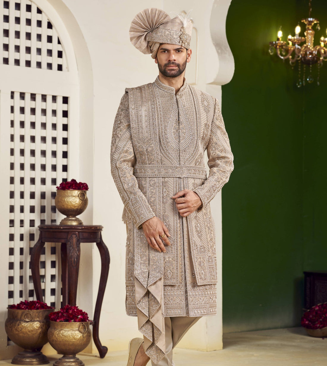Champagne Golden Wedding Groom Sherwani - 2 Layer Design  | Sherwani For Men