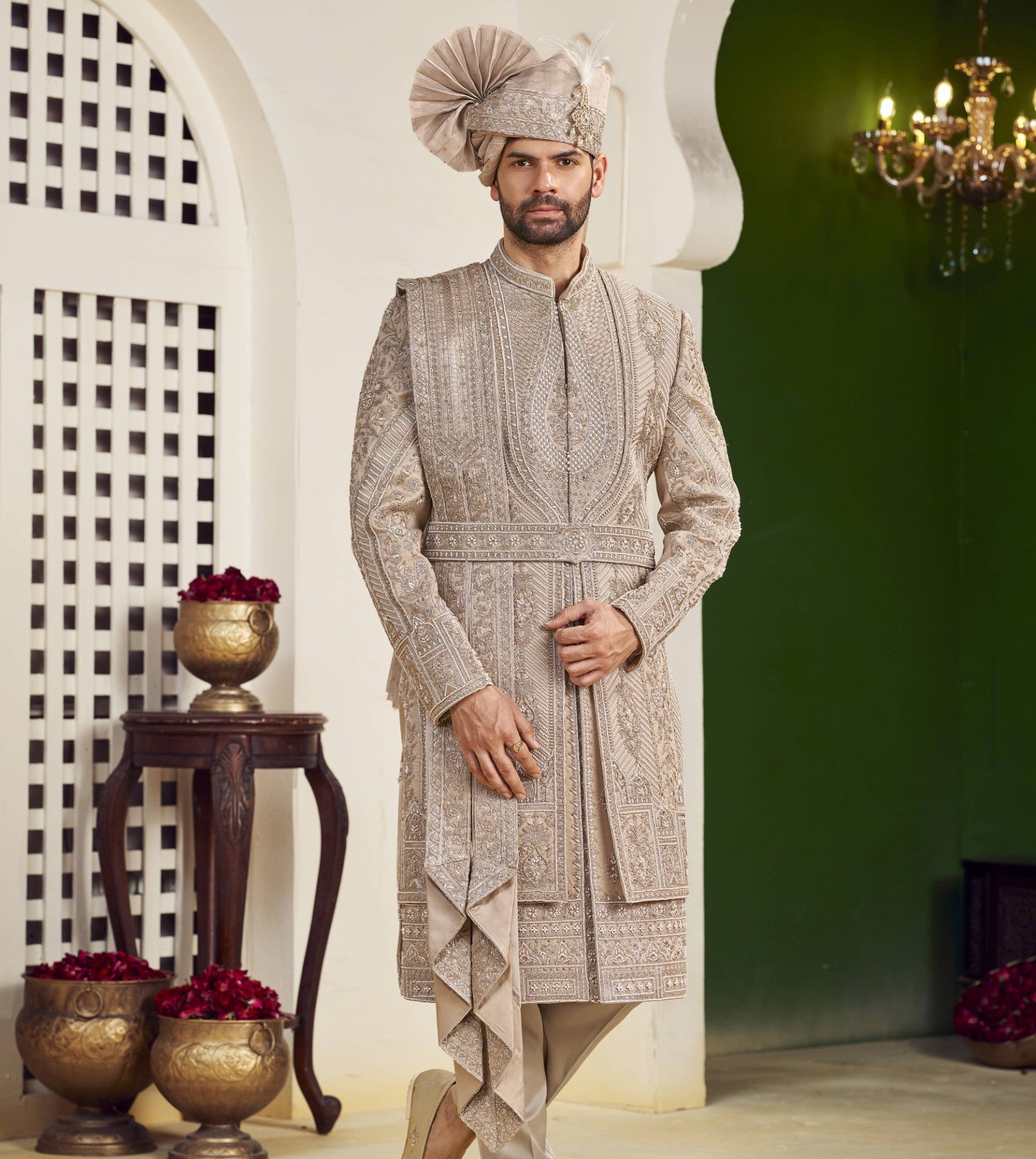 Champagne Golden Wedding Groom Sherwani - 2 Layer Design  | Sherwani For Men