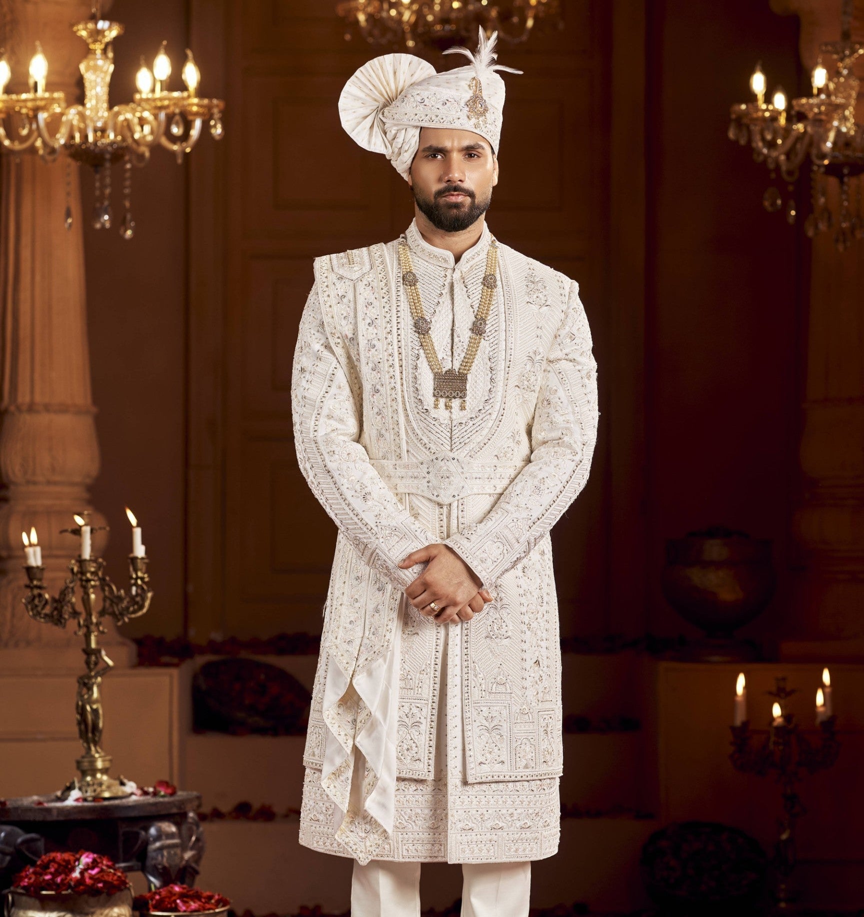 White Wedding Groom Sherwani - 2 Layer Design | Sherwani For Men