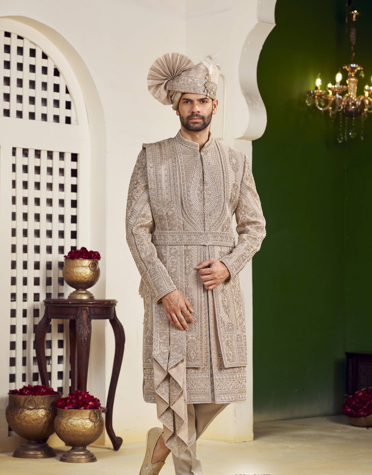Champagne Golden Wedding Groom Sherwani - 2 Layer Design  | Sherwani For Men